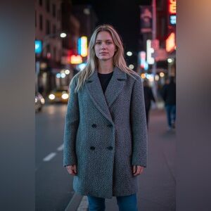 Eileen Fisher Womens Alpaca Chevron Double Breasted Grey Coat S/M Oversized